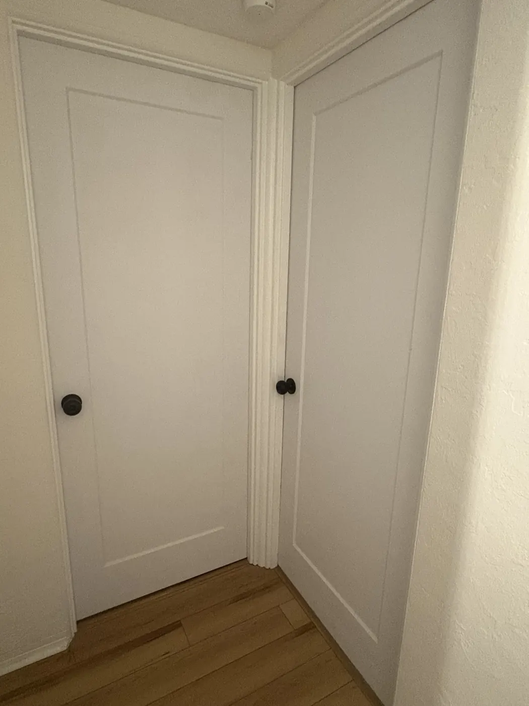 After photo of two new shaker-style interior doors with dark hardware